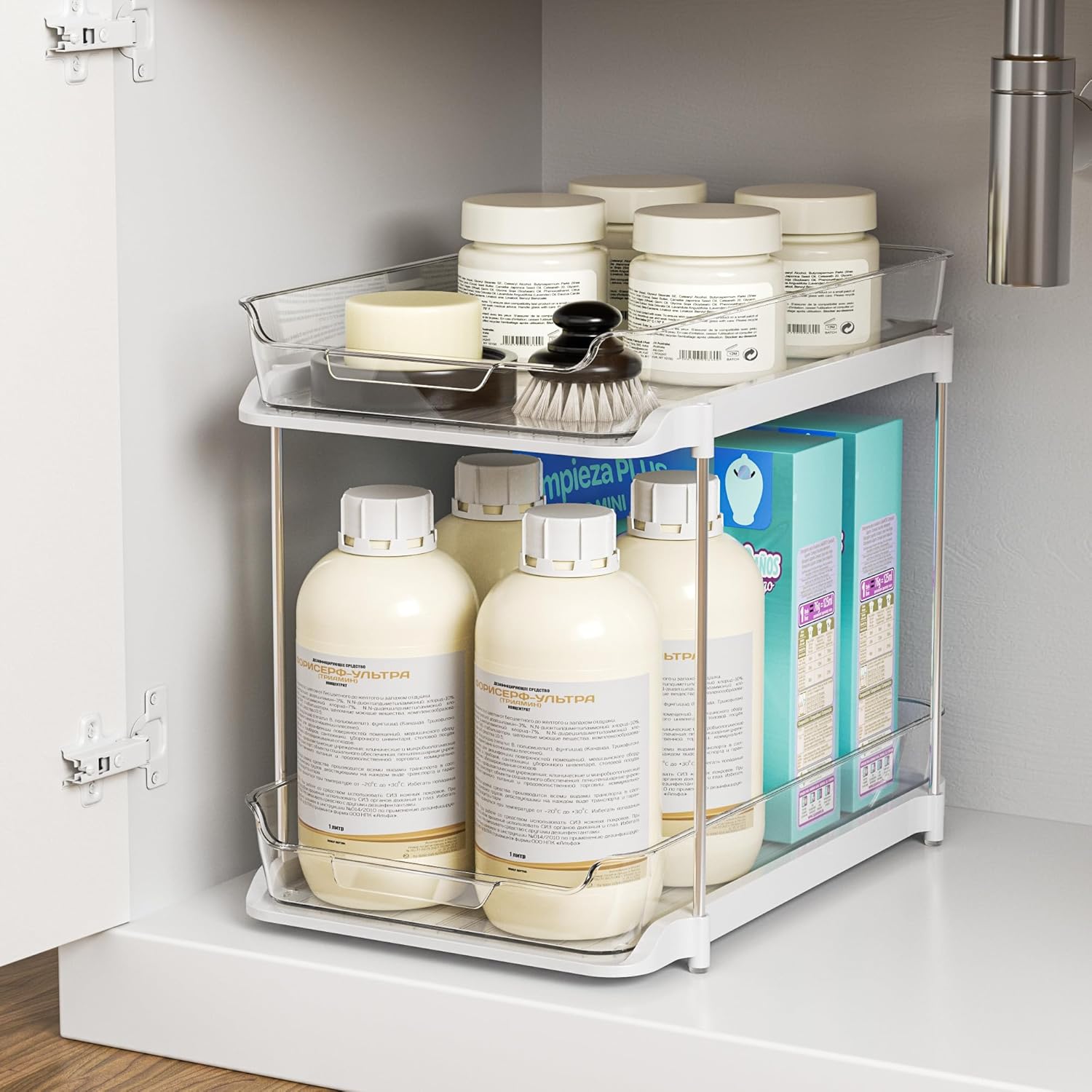 2 Tier Bathroom Storage Organizerr, Pull Out Under Sink Organizers and Storage, Stackable Pantry Organization and Storage, Clear Under Cabinet Storage with Movable Dividers