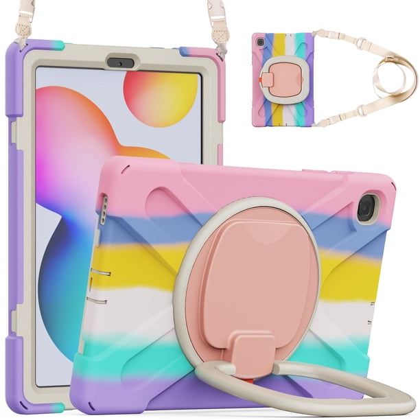 Funda colorida para Samsung Tab S6 Lite de 10,4 pulgadas con correa para el hombro, soporte de anillo ajustable grande y protección contra golpes.