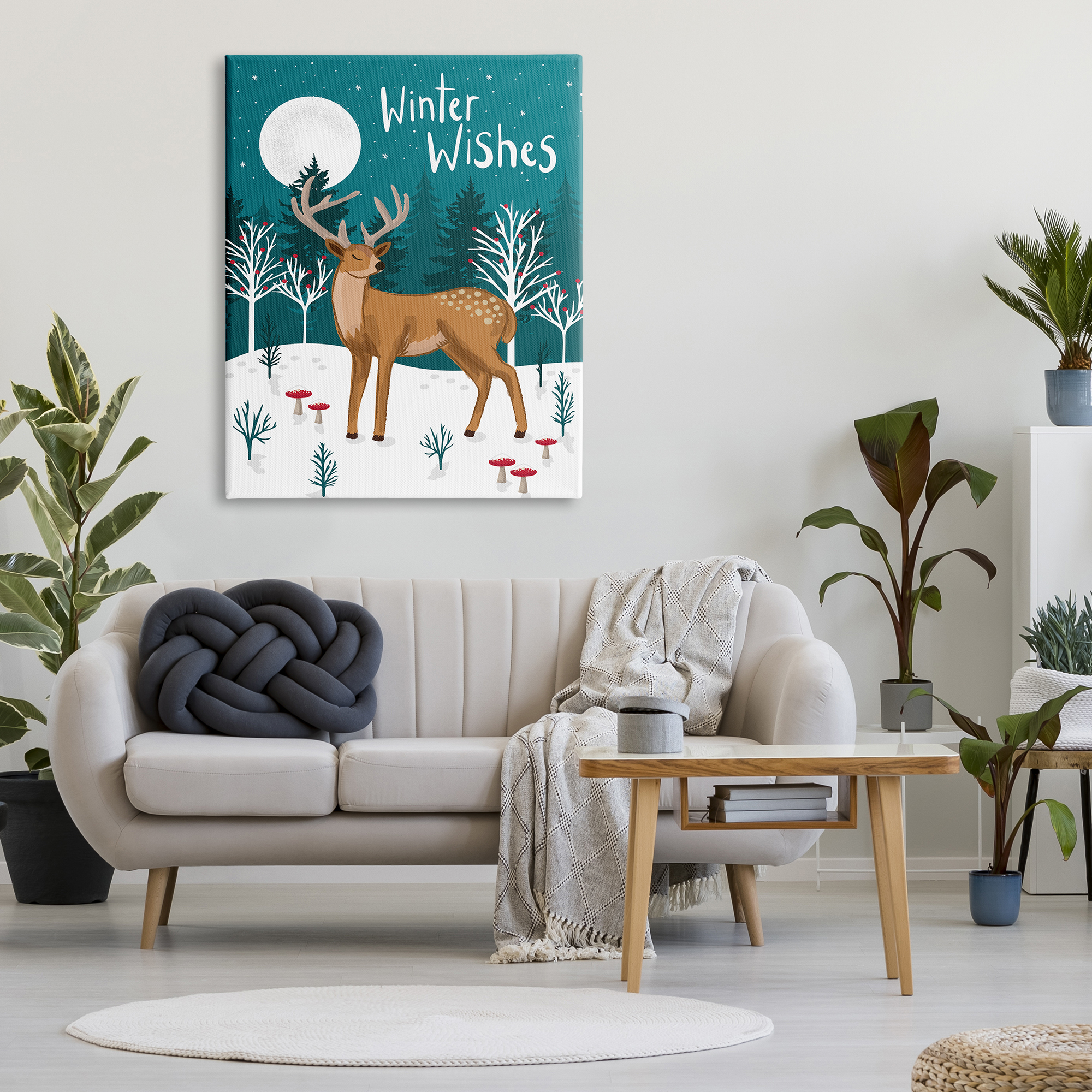 Stupell Industries Winter Wishes Saying Midnight Reindeer Forest Landscape Animals & Insects Painting Gallery Wrapped Canvas Print Wall Art, 36 x 48