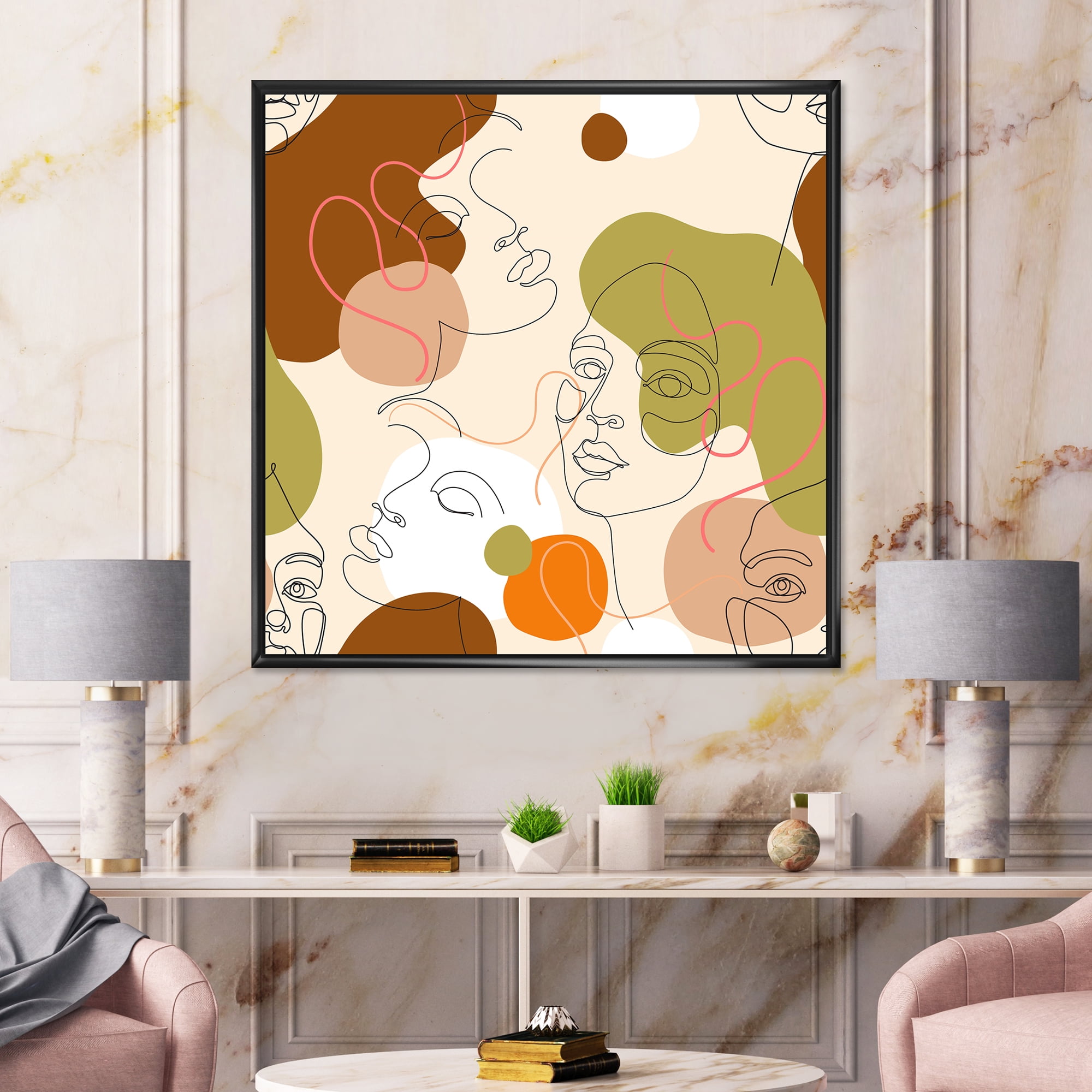 Designart 'One Line Portrait of Afro American Women VII' Modern Framed Canvas Wall Art Print