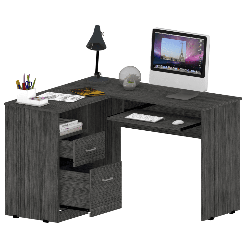 Mix L-Shaped Desk, Keyboard Tray, Two Drawers, Single Open Shelf Smokey Oak