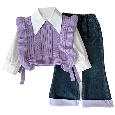 Fgnfyis Outfit for Girls 3-Piece Set Stylish Knit Vest Long Sleeve Shirt Denim Jeans Fashion Casual Clothes for Girls Age 2-8 Years Purple 3-4 Years
