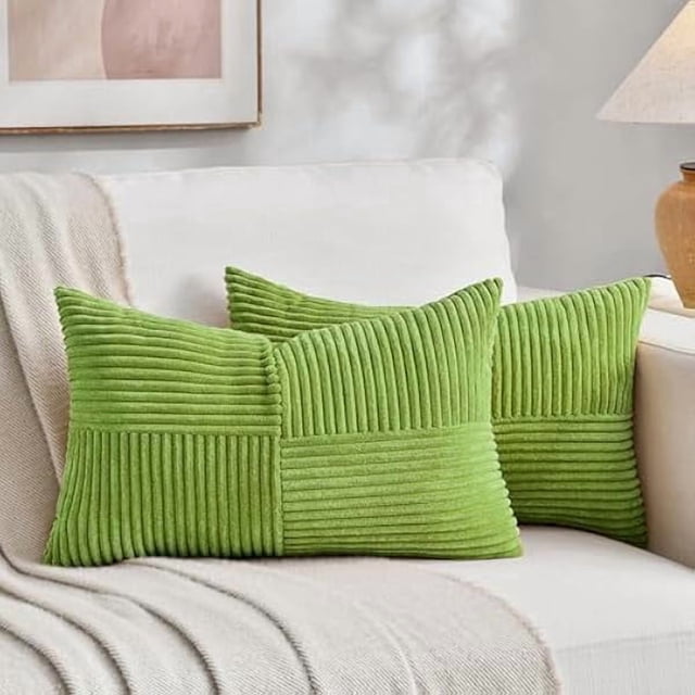 Chenchen Set of 2 Lime Green Lumbar Decorative Throw Pillow Covers 12x20 Inch for Living Room Bedroom Couch Bed Sofa, Soft Striped Corduroy Modern Rectangle Accent Cushion Case 30x50 cm