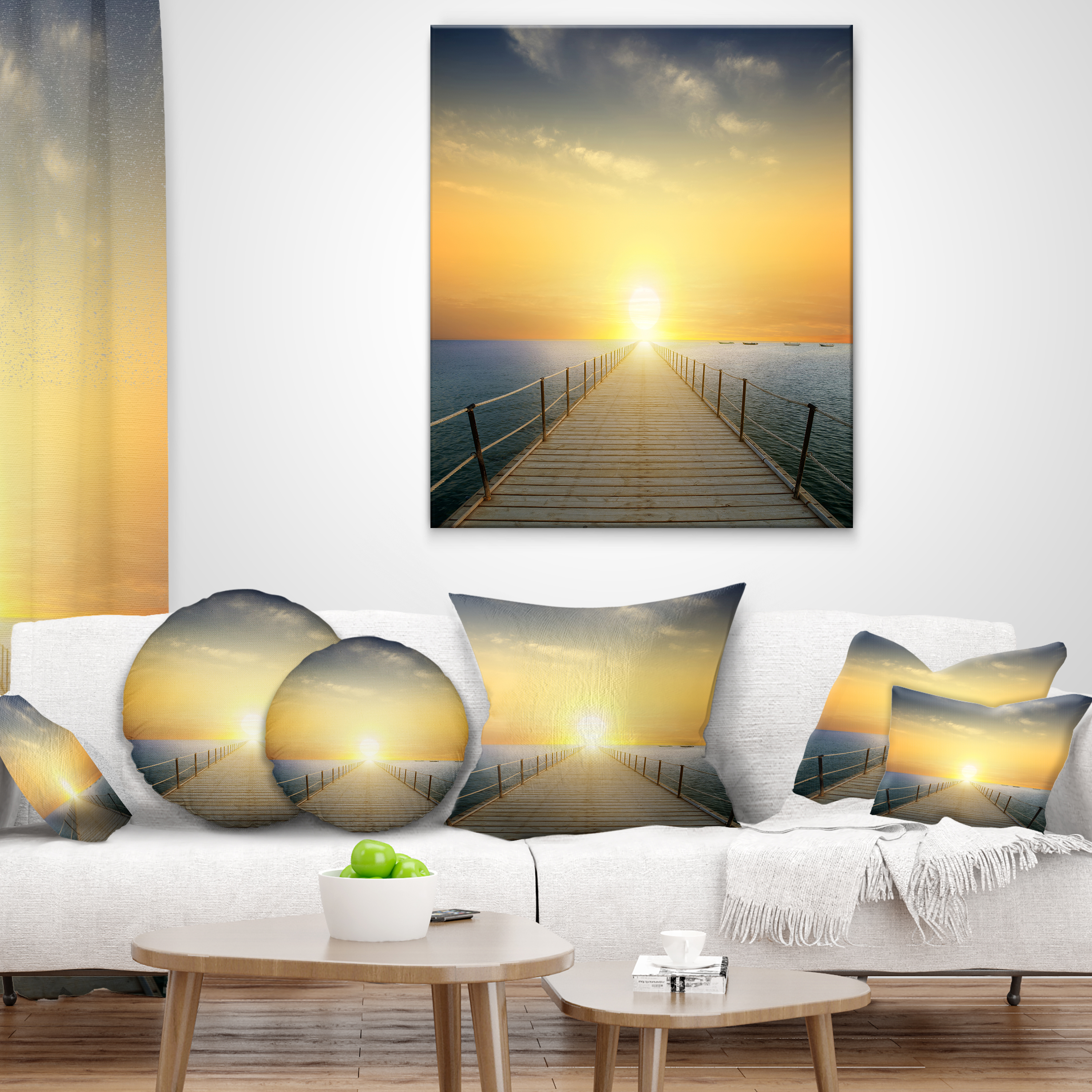 Designart Ocean Sunset with Pier - Seascape Throw Pillow - 12x20