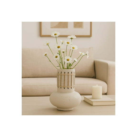 Boho Decorative Vase with Pottery Ecomix and Cane Accents - Handmade Woven Style Modern Versatile Statement Decor Piece