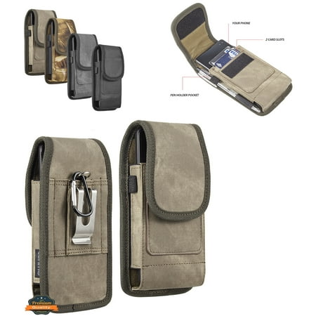 For Samsung Galaxy Z Flip 3 5G Universal Vertical Fabric Case Holster with 2 Card Slots, Pen Holder, Belt Clip Loop & Hook Carrying Phone Pouch - Brown
