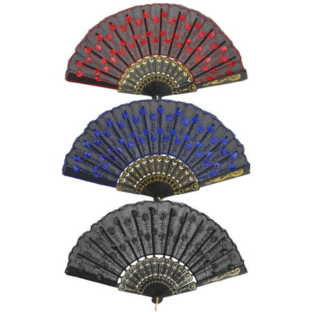 

3Pcs Stage Folding Fans Art Craft Gifts Home Decorations (Black Red Dark Blue)