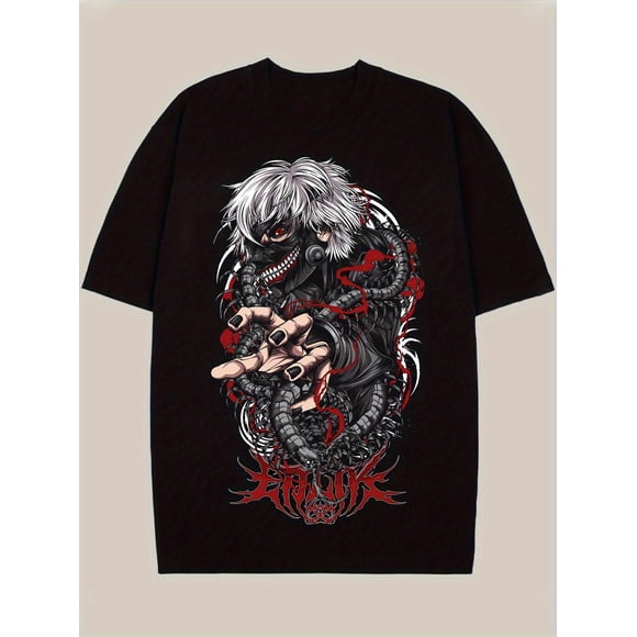 T Shirt Men's Japanese Anime Retro Manga Character Print Tee with Iconic Red Accent Graphics