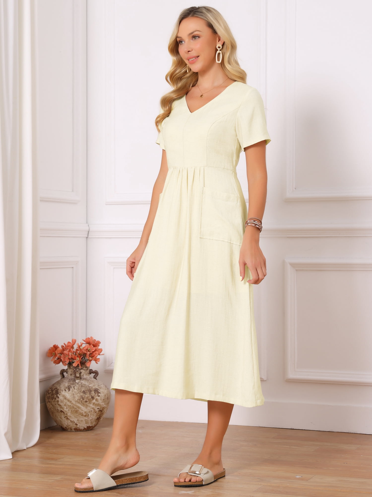DARING DIVA Women's Linen Short Sleeve V Neck Boho Sundress L Beige