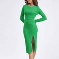 thumbnail image 4 of Active Dress Womens Long Sleeve Midi Sweater Dress Wrap Crew Neck Pleated a Line Flare Elegant Knit Maxi Dress S-168 Green One Size, 4 of 5
