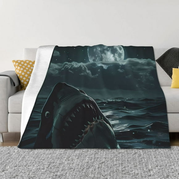 Cauagu Moonlit Night Sky Shark Pattern Fleece Throw Blanket, Horizontal Fleece Bedding Home Decor for Couch & Bed All Season Use-60"x50"