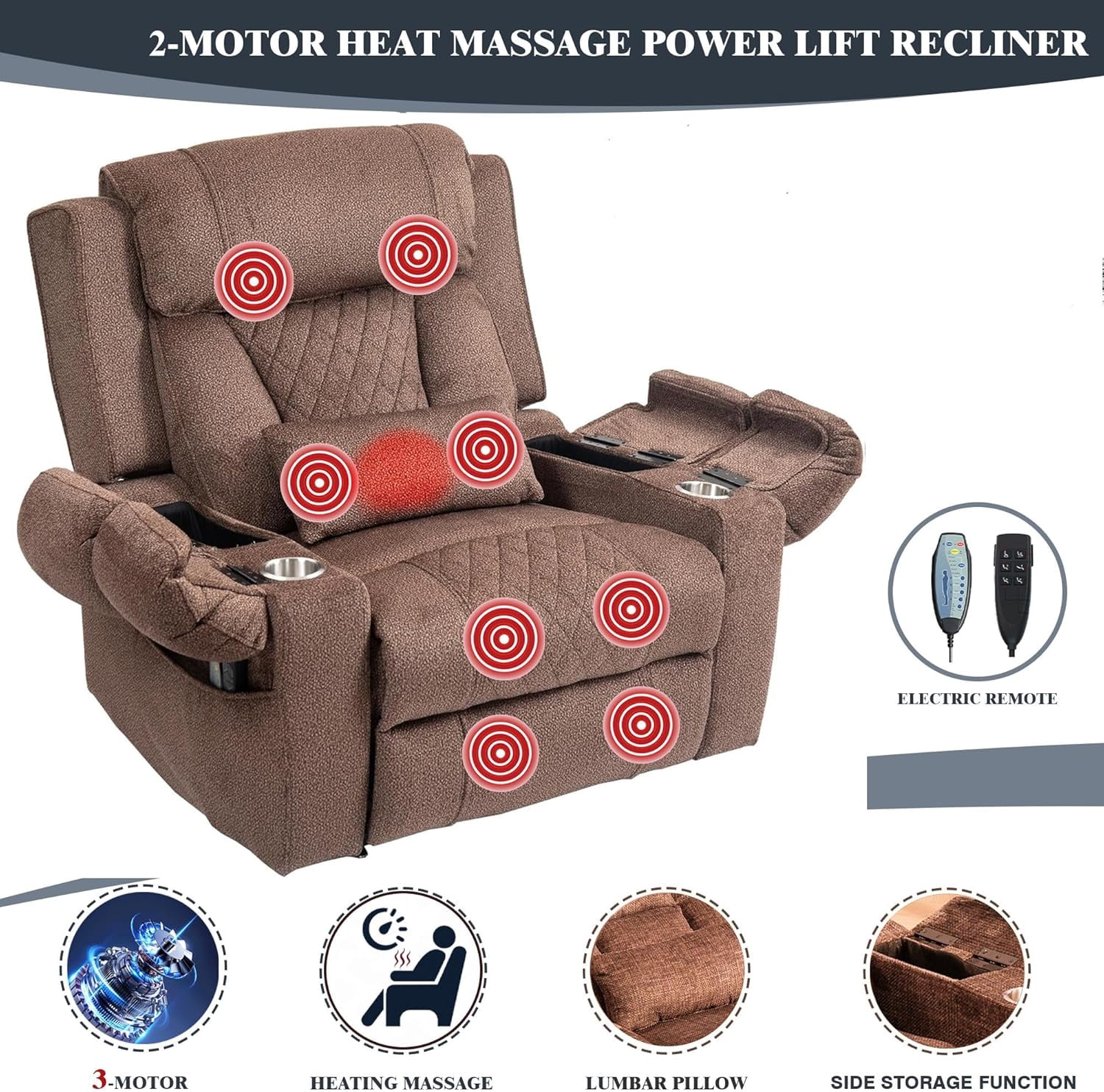 Big Man Power Lay Flat Lift Chair Oversized Recliner Dual Motor Heat Vibration for Elderly, Overstuffed Electric Extra Wide Recliners with Flip Arm Storage Cup Holders,USB Type C Charging