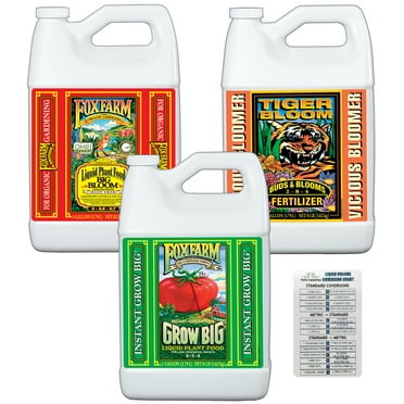 FoxFarm Liquid Nutrient Trio Soil Formula: Big Bloom, Grow Big, Tiger Bloom (Pack of 3 - 1 Gallon) with Twin Canaries Chart