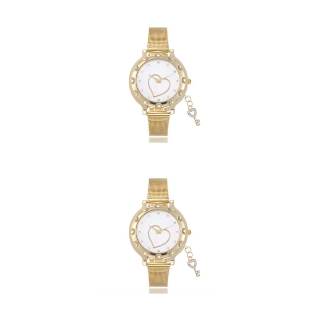 stanreset Stainless Steel Women Wristwatch Portable Glossy Rhinestone Round Anti-rust Anti-corrosive Girls Watch Birthday Gift Key Key 2Set