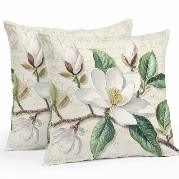 Outdoor Pillow Covers 16 x 16 Inches, Botanical Floral Waterproof Throw Pillow Cover Set of 2, Retro Country Magnolia Flowers Leaves Decorative Square Cushion Covers for Patio/Tent/Couch/Garden