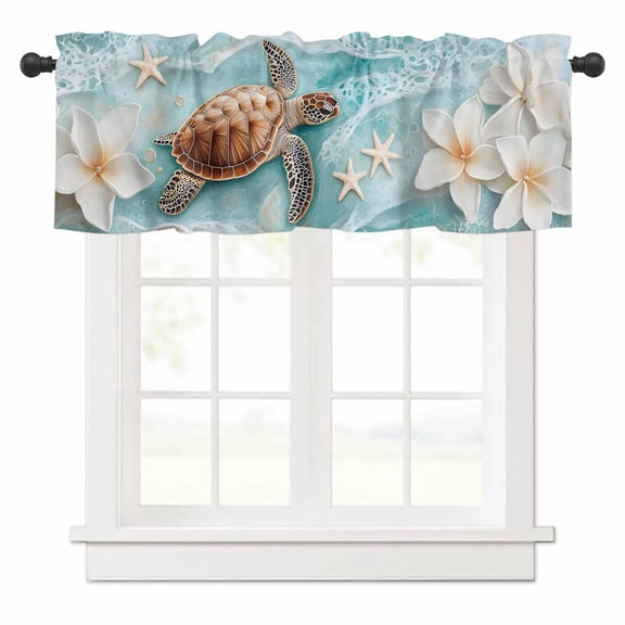 Coastal Sea Turtle Valances for Windows Beach Ocean White Floral Starfish Rod Pocket Curtain Valance Window Treatment Short Curtains for Kitchen Living Room, 54"x18"