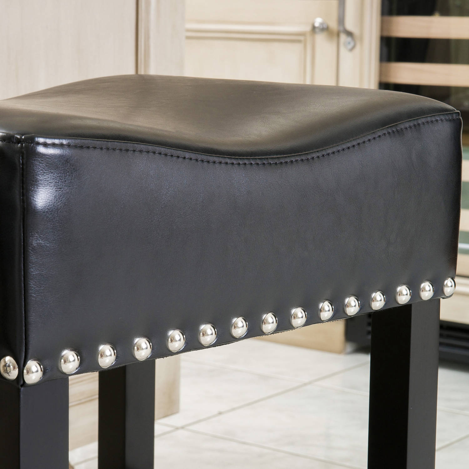 Noble House Roland Backless Black Leather Counter Stool, Set of 2