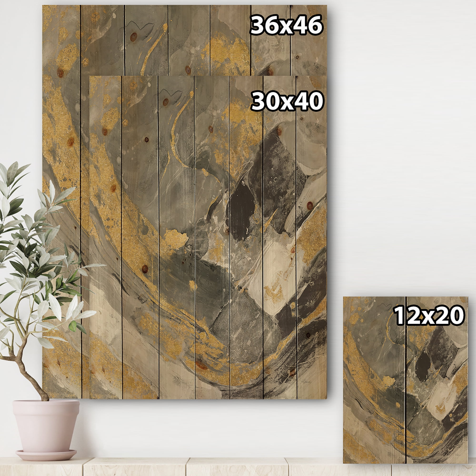 Designart 'Marble Black and Gold II' Modern & Contemporary Print on Natural Pine Wood