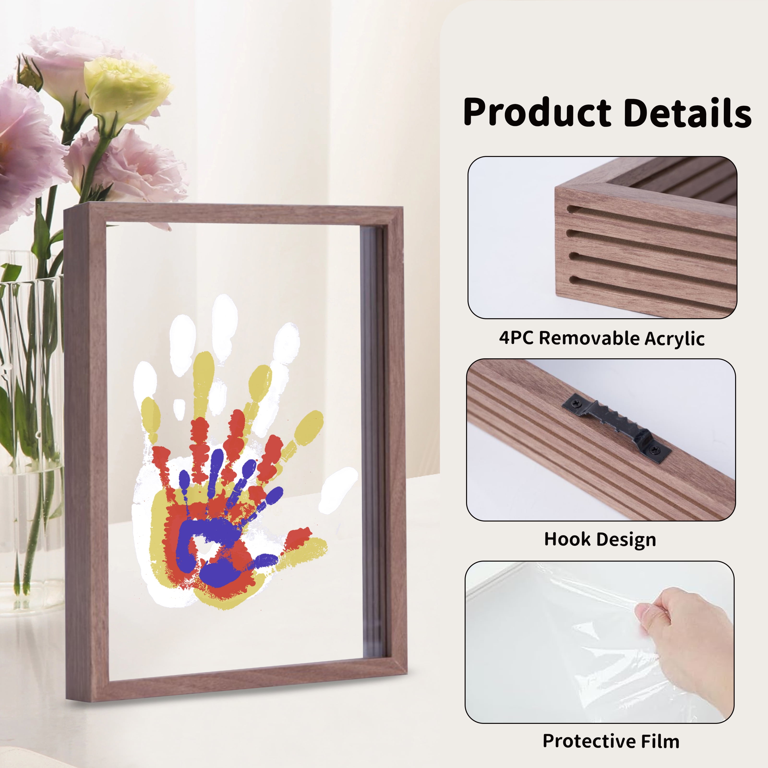 Family Handprint Kit, DIY Craft Keepsake Wood Frame, Endless Gift Set, 4 Transparent Sheets - Brown