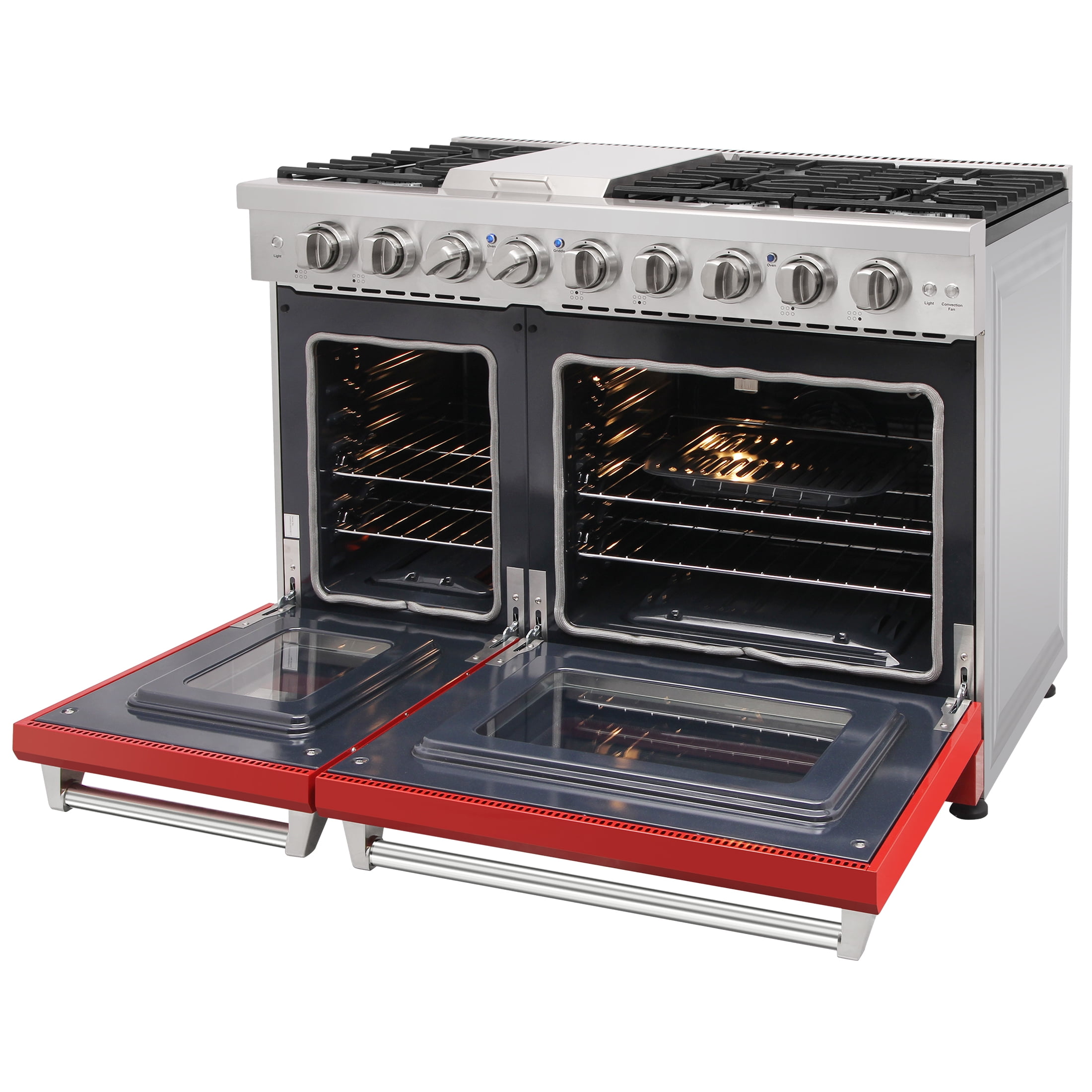 Kostch 48in Propane Gas Range with 6 sealed burners and 1 griddle, Range oven in Stainless Steel, Red