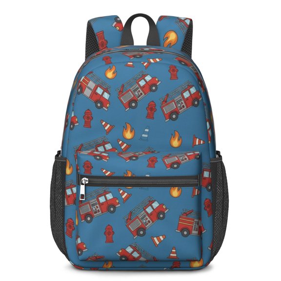 Fireman and Cone Blue Pattern 17" Waterproof Oxford School Backpacks for Teens, S-Shape Padded Straps, for School, Travel, Hiking, Camping