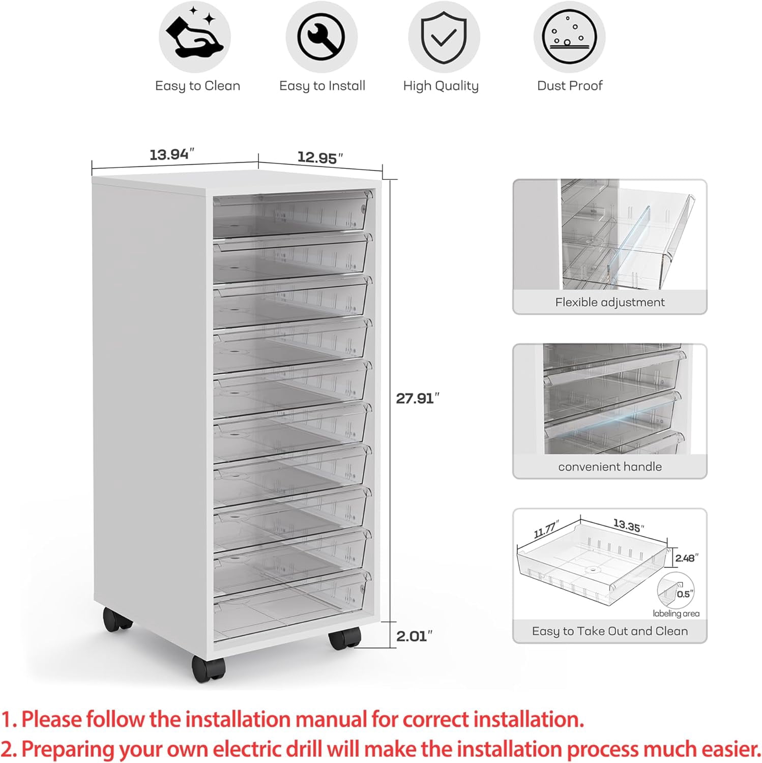 Wood  Storage Drawer Cart, Makeup Organizer and Storage with 10 Large Clear Drawers, White