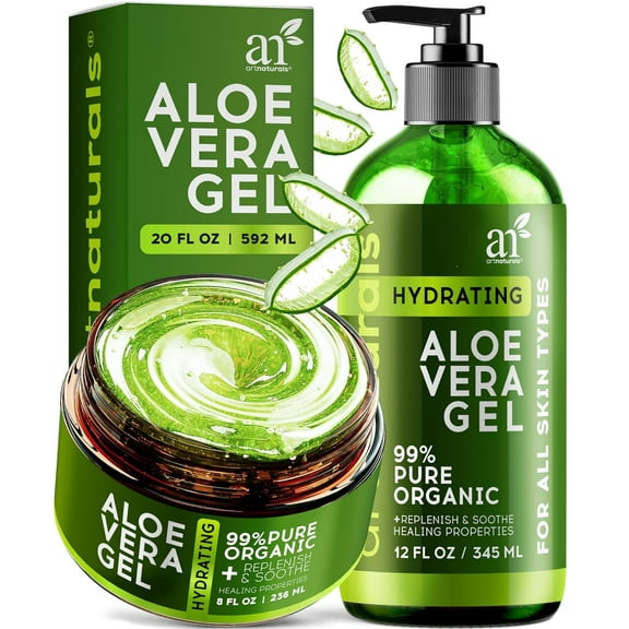 Artnaturals Aloe Vera Gel 2-Piece Set for Face Body Scalp and Hair Sunburn Relief Hydration Calming Moisturizer ( 20 oz / Net Content)