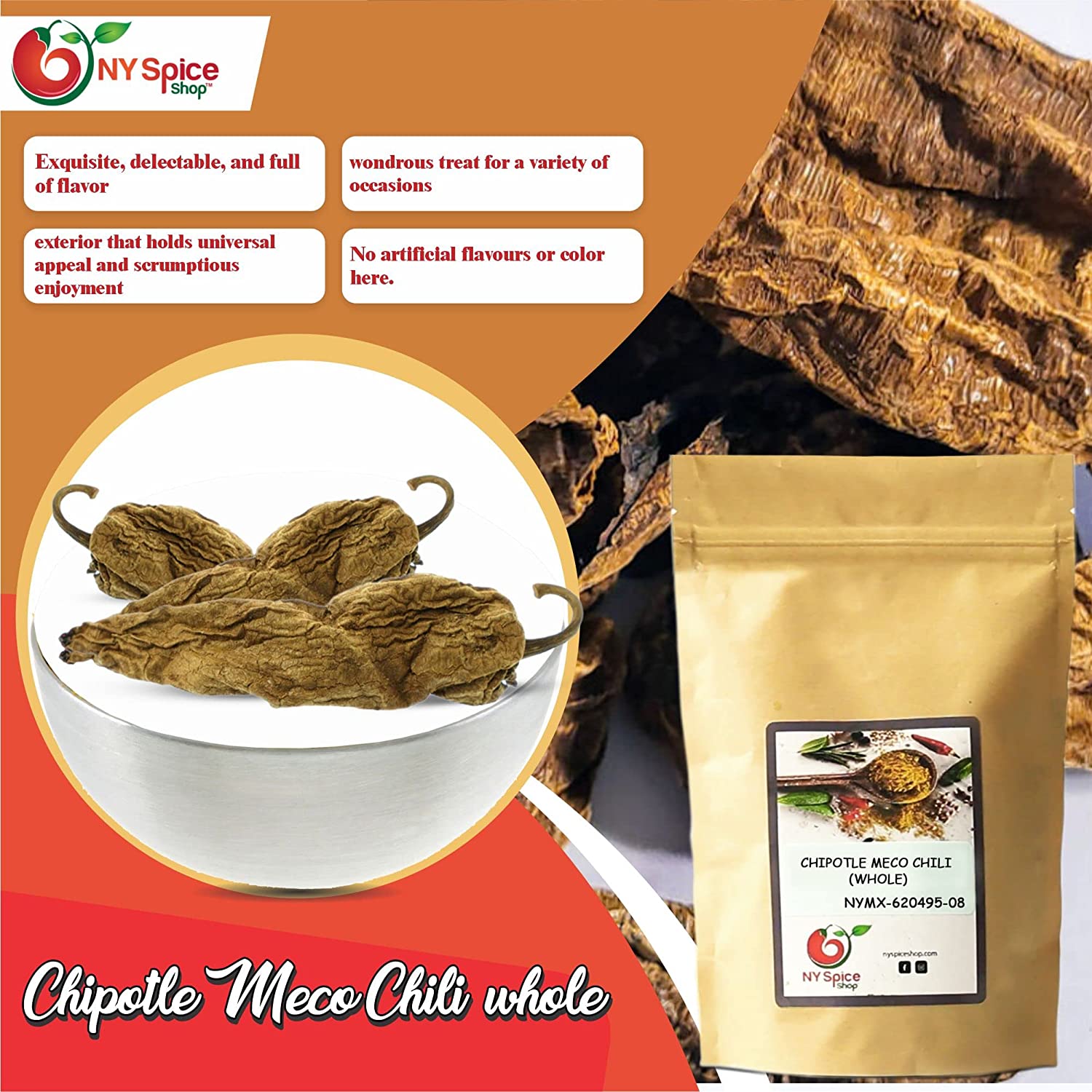 NY SPICE SHOP Chipotle Meco Chili – Dried Whole Meco Chipotle Peppers - Jalapenos Chipotle Chili – 1 lbs