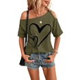 Casual Heart Print Asymmetrical Neck Short Sleeve Army Green Women T