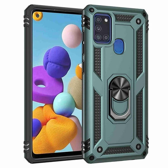 Dteck for Samsung A21S 2020 Case, Rugged Hybrid Armor Shockproof Dual Layer Protective Cover[with 360 Degree Kickstand] [Metal Ring Holder], darkgreen
