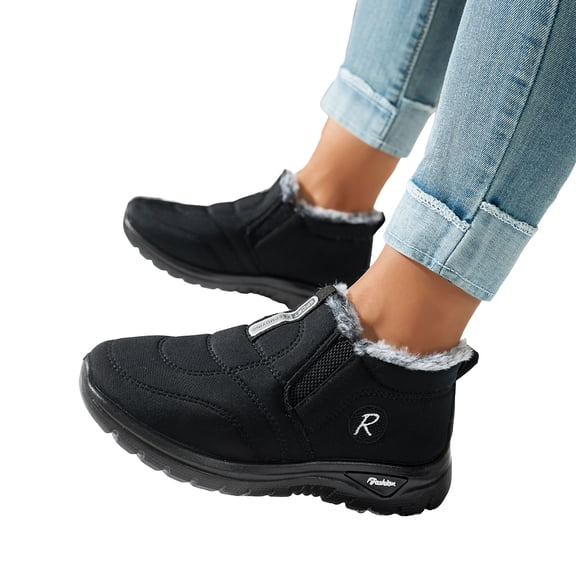 Roment Winter Boots for Women Seniors Lightweight Comfortable Fleece Lined Warm Slip on Snow Ankle Booties for Work Walking Nursing Outdoor Activities Black Size 5.5