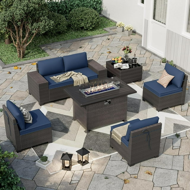 Kullavik Patio Furniture Sectional Sofa Set 7-Pieces PE Rattan Patio Conversation Set w/43in Gas Fire Pit Table, Outdoor Furniture with 55000 BTU Propane Fire Pit, Navy Blue