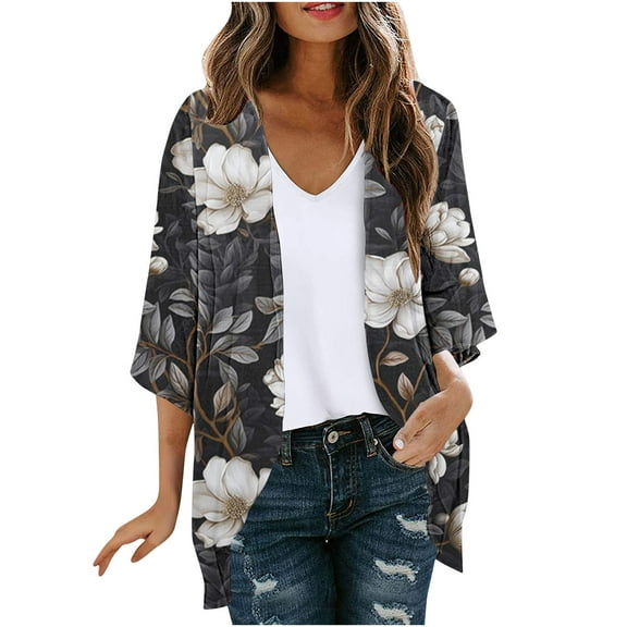 DeHolifer Womens Cardigans Floral Print Spring Fall Fashion Long Sleeve Open Front Cardigan Lightweight Knit Sweaters Coat Black L