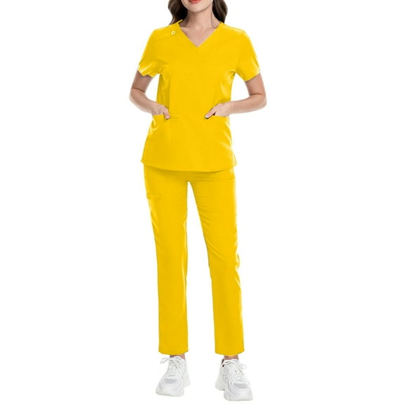 MLQIDK Scrubs for Women Set Plus Size Medical Uniforms Stretchy V-Neck Yoga Scrub Pants and Tops Nursing Scrubs Scrub Sets Jogger Scrubs Yellow L