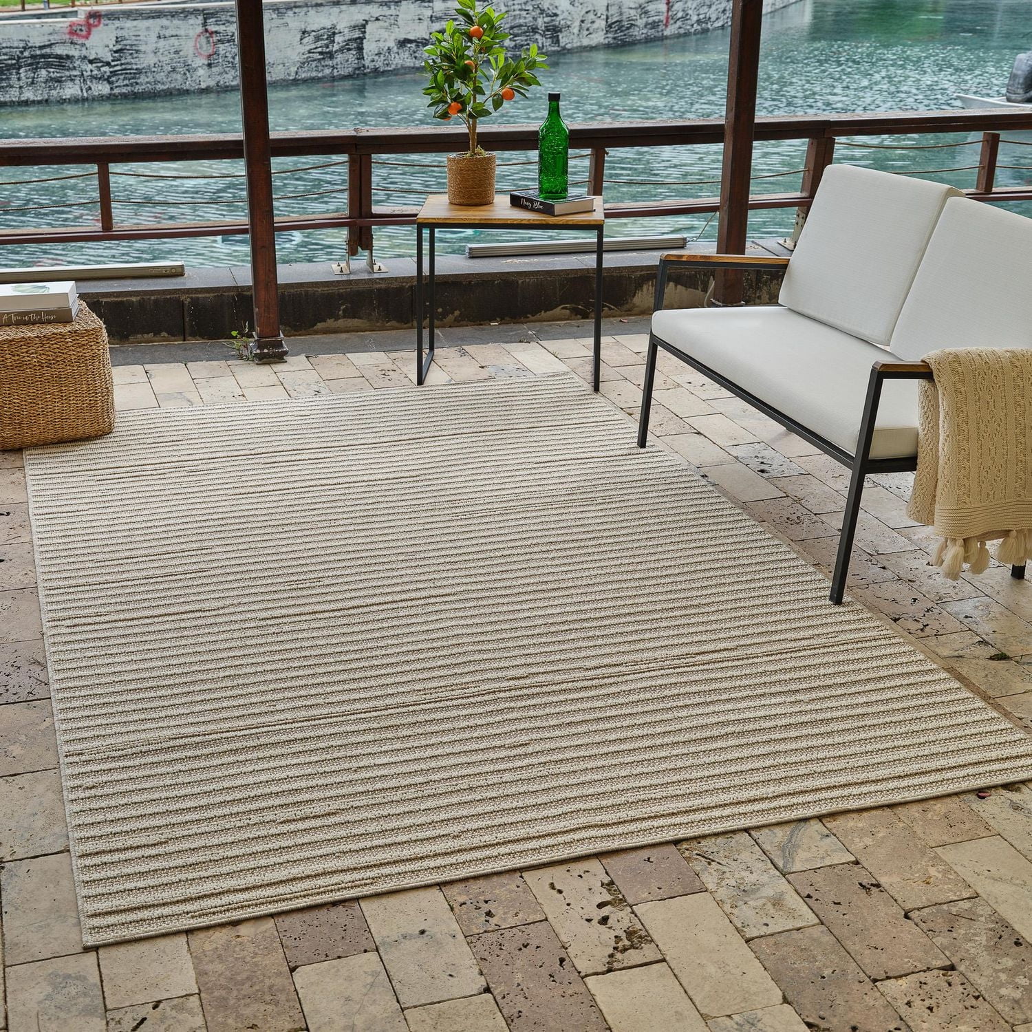 Tapis d'interieur exterieur a rayures Rug Branch Hogar, marron creme, moderne - Salon, chambre, salle a manger et cuisine