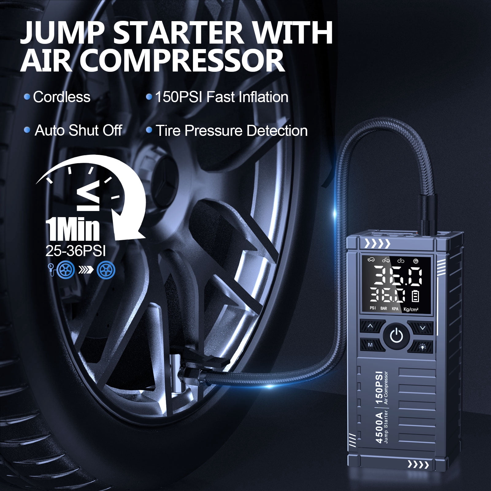 WellMall Auto Jump Starter with Air Compressor - 4500A 150PSI Portable Car Battery Jump Starter (5L Gas/3.5L Diesel), 12V Jump Box Car Battery Jumper Starter Portable Jumper Cables, LED Light