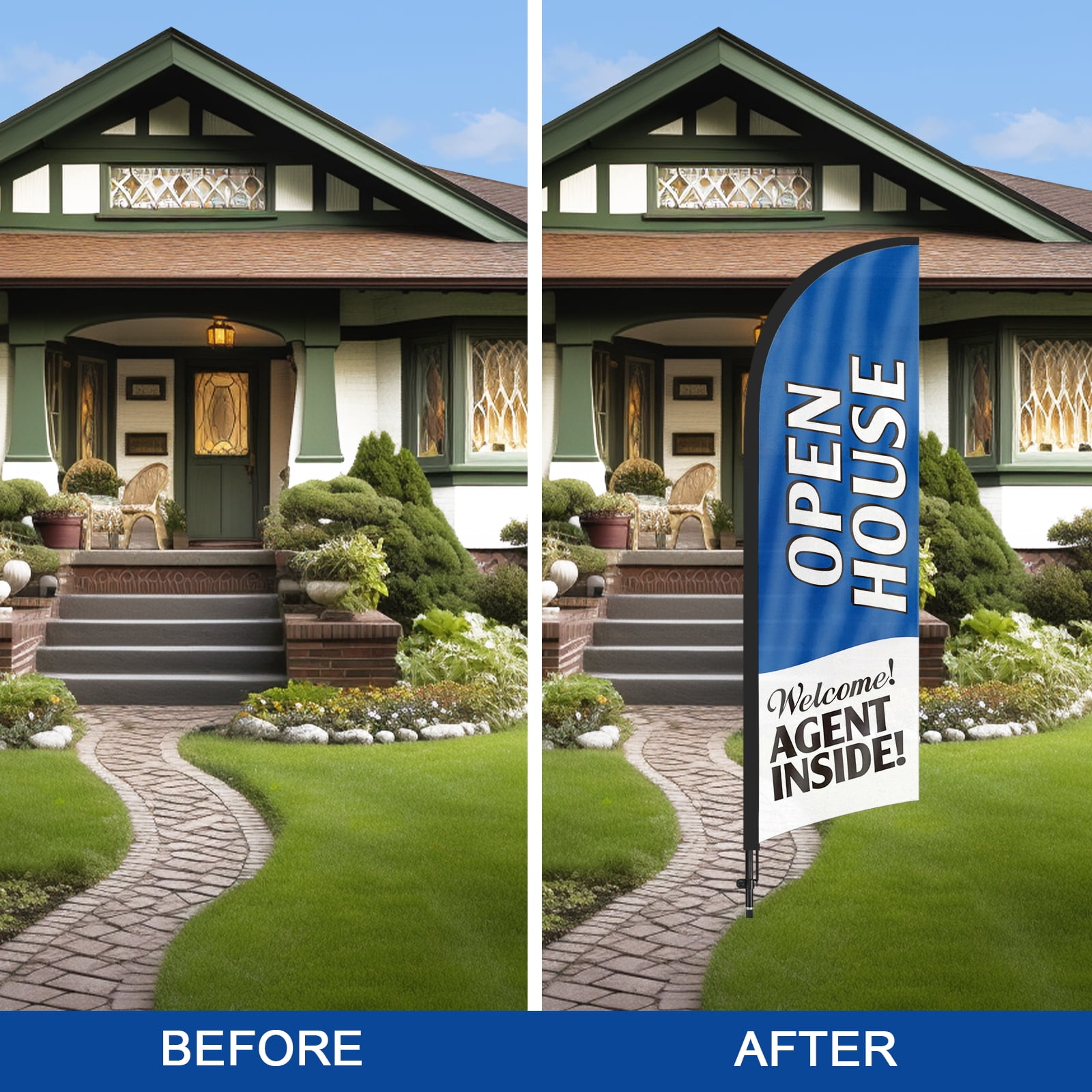 QSUM Open House Feather Flag with Flag Pole Kit and Ground Spike, 7FT Open House Windless Flag Banner Sign Business for Welcome Agent Inside Outdoor Advertising Sign Decoration Display（Blue）
