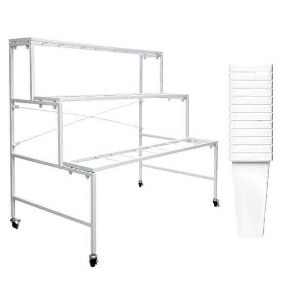 3 Tier Metal Flower Display Stand with 12pcs Plastic Buckets for Fresh Flowers Heavy Duty Garden Cart Moving Flower Bucket Stand with Wheels