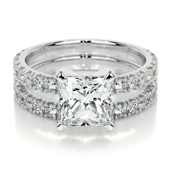 Blue Jewel Wedding Ring - 14K White Gold Plated Ring for Her - Princess Cut Excellent 1.5 Ct Diamond Ring For Women's - Eternity Band Diamond Rings for Her - Solitaire with Accent Diamond Rings