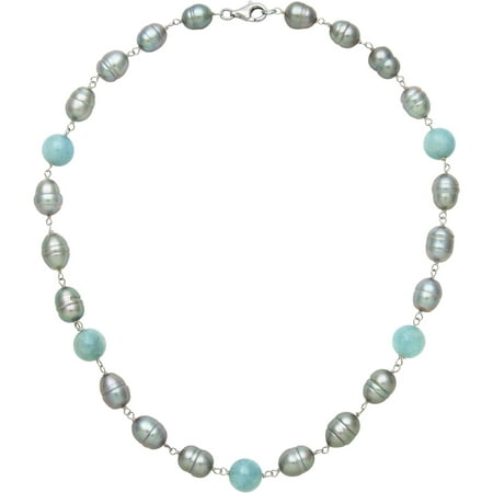 8.5-9.5mm Dyed Grey Cultured Freshwater Pearl and Milky Aquamarine Tin Cup Necklace, 17.5