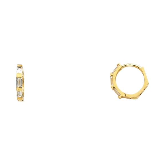 Small Huggie Hoop Earrings Solid 14k Yellow Gold Huggies Round CZ Baguette Polished Fancy Tiny 10 mm