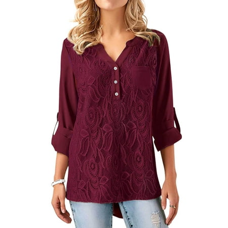 STARVNC Women Roll Up Sleeve Button Front Lace Splice Blouse