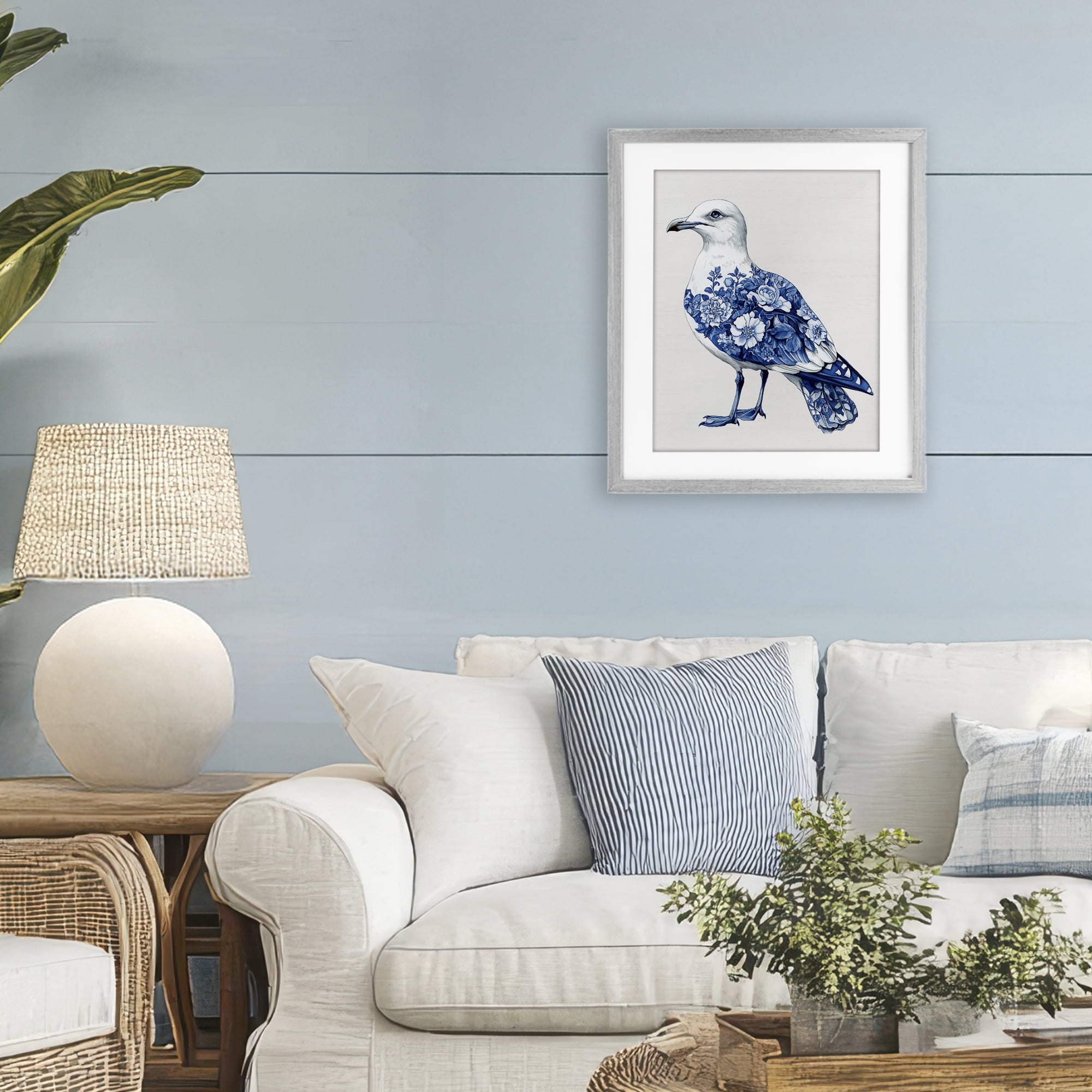 Funky Toile Seagull Gray Framed Print Under Glass, design by Lettered and Lined