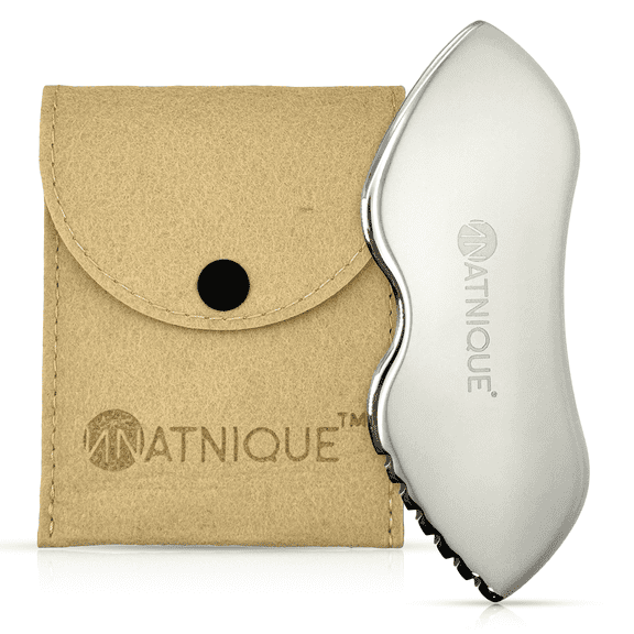 Natnique Stainless Steel Gua Sha Massager, Cooling, Board Shape, for Face, Neck & Body, Rolling w/ Travel Pouch