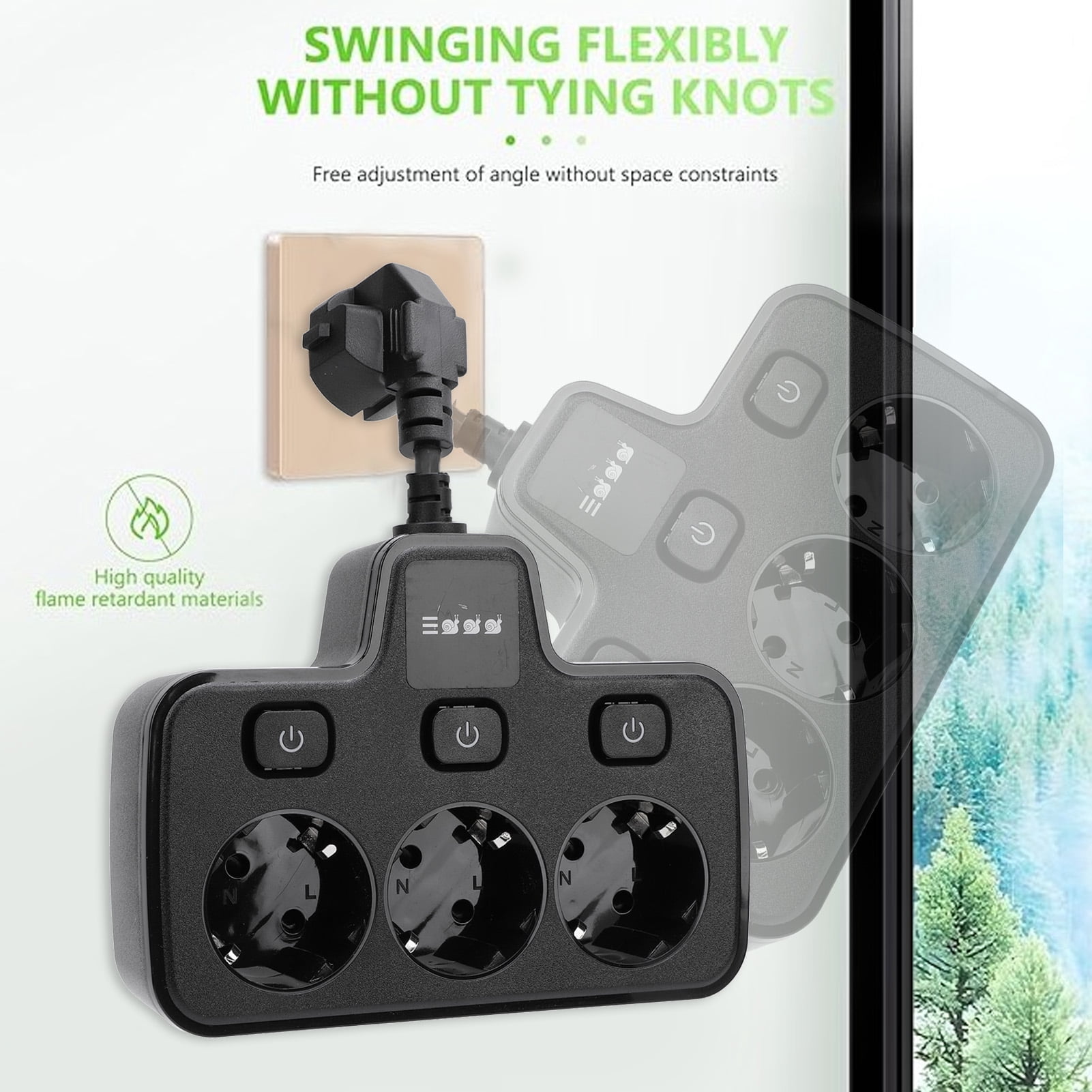 Suodoka 3-Way Power Socket Extender with Independent Switches, Multi-Outlet Adapter with 2 Prong EU Plug, 220V Grounding Electrical Outlet Receptacle for Home and Office, Black