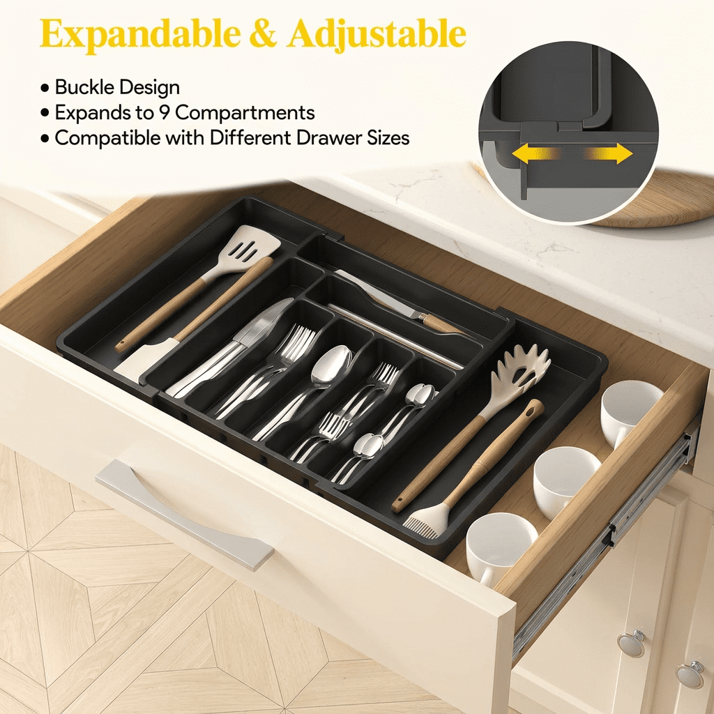 Norcho Expandable Utensil Organizer Drawer, Adjustable Cooking Silverware Tray, Plastic Spatula Tools Divider 13-22.4"x15" Black