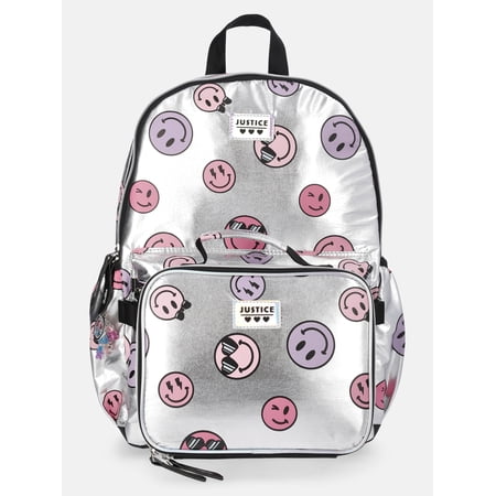 Justice Girls 17" Silver Foil Smiley Backpack & Lunch Tote Set, Silver