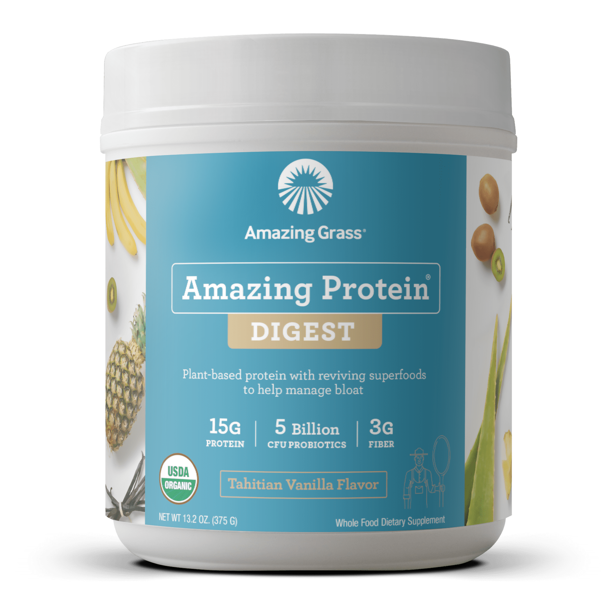 Amazing Grass Organic Plant Based Protein + Probiotics Digest Powder, Tahitian Vanilla, 15g Protein, 13.2oz