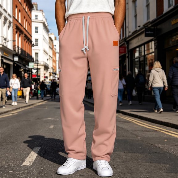 Sport Drawstring Mens Straight Leg Pants,Zipper Pocket Slim Versatile Solid Sweatpants Casual,Fitness Exercise or Hiking Travel Daily Outdoor Wear,Pink,M