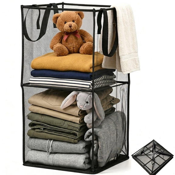 Laundry Hamper, Collapsible Mesh Pop-Up Hamper with Handle, Wide Opening Breathable Storage Basket, Foldable Space-Saving Bin for Dirty Clothes, Toys, Bathroom and Bedroom Storage, Black